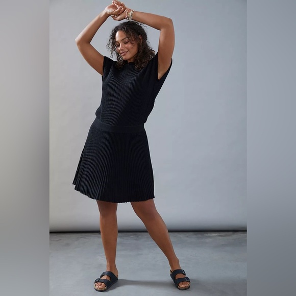 Maeve Anthropologie Ruth Black Ribbed Short Sleeve Fit & Flare Sweater Dress M - Picture 1 of 11